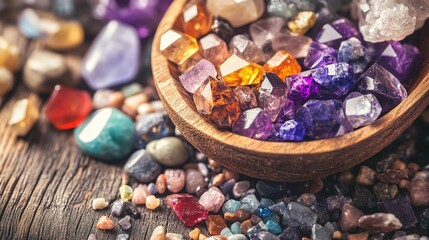 Colorful gemstones and crystal stones in a wooden bowl on a rustic table, close-up view, blurred background with various colorful gems, healing or beauty concept, chakra stones