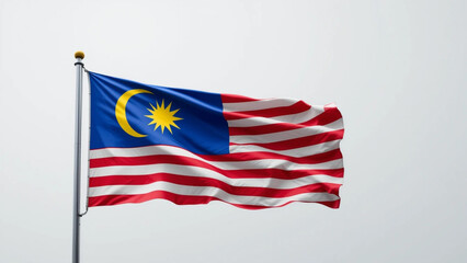A full shot of the Malaysian flag, billowing gently in the wind against a bright, neutral sky.