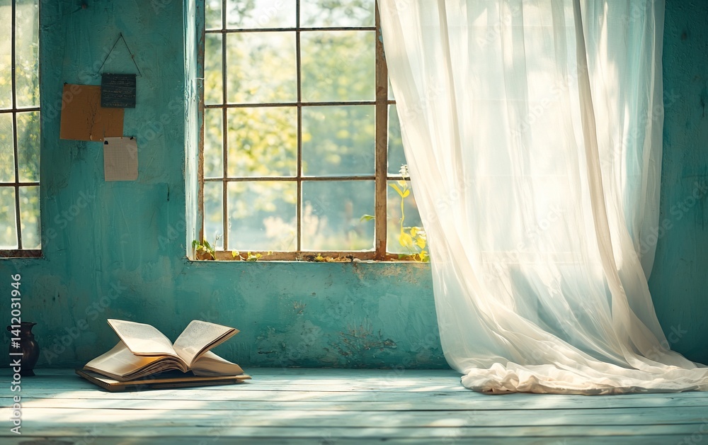 Poster Sunlight streams through a window, illuminating a room with a book and sheer curtains