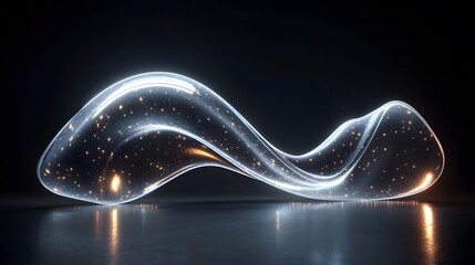 Abstract, luminous, fluid form on reflective surface.