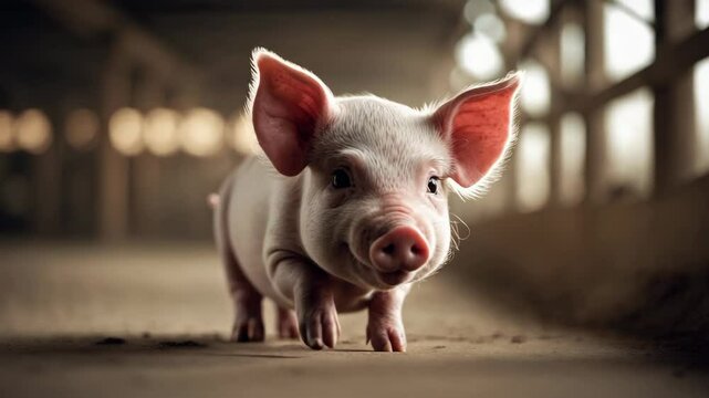 Happy baby pig on a farm