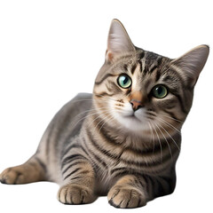 Obraz premium Detailed tabby cat stretching playfully, isolated on white background