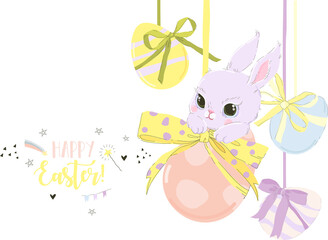 Happy Easter Greeting Card with Cute White Bunny and Easter Eggs. Vector Illustration
