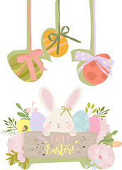 Happy Easter Greeting Card with Cute White Bunny and Easter Eggs. Vector Illustration