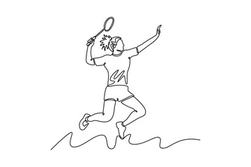 Continuous one line drawing woman badminton player jumping and smash the shuttlecock with racket on indoor stadium. Healthy activity and recreation. Single line draw design vector graphic illustration