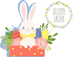 Happy Easter Greeting Card with Cute White Bunny and Easter Eggs. Vector Illustration