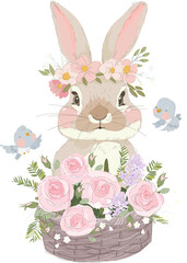 Happy Easter Greeting Card with Cute Bunny and Flowers. Vector Illustration
