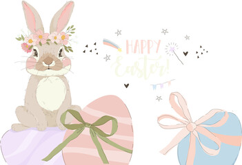 Happy Easter Greeting Card with Cute Bunny and Easter Eggs. Vector Illustration