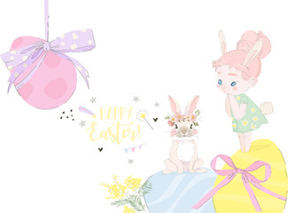 Happy Easter Greeting Card with Cute Girl, Bunny and Easter Eggs. Vector Illustration