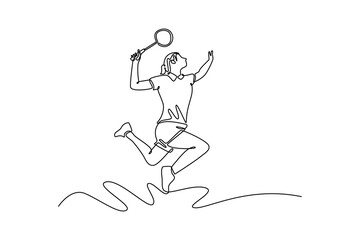 Single continuous line drawing beautiful female badminton player jumping and hitting the shuttlecock with racket. Wearing sport shirt in indoor court. One line draw graphic design vector illustration