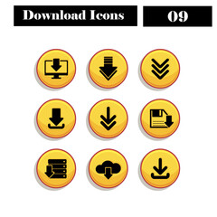 Download icon set. It contains upload, document, link, download file, folder, data, and PDF icons. Solid icon collection. Vector illustration.