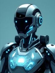 Sleek Futuristic Humanoid Robot with Illuminated Blue Accents and Transparent Data Panel
