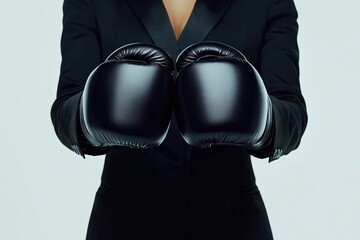 A woman in a black suit wears black boxing gloves, symbolizing strength and corporate battle.