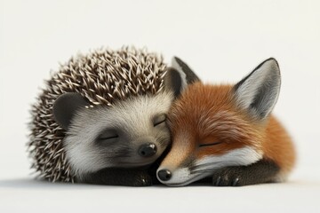 A heartwarming image of a hedgehog and fox cub cuddling together peacefully, eyes closed in sweet slumber.