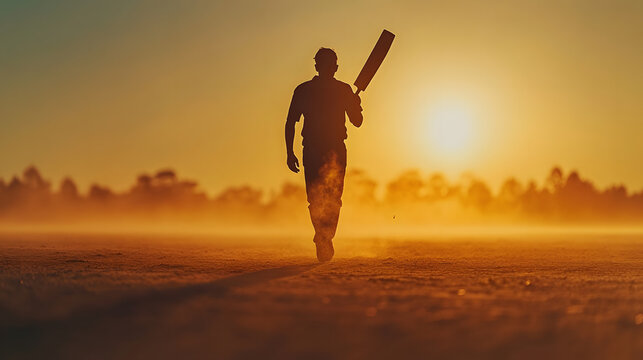 Cricket player running at sunset holding bat, silhouette athlete sprinting on dusty ground, golden hour sports action concept, professional cricket training motivation, rural field background, dramati - Powered by Adobe
