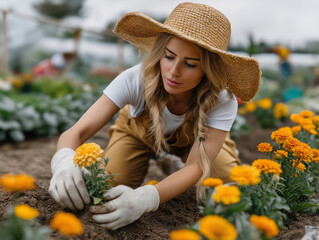 oyful woman in a straw hat, surrounded by flowers, enjoying her gardening.