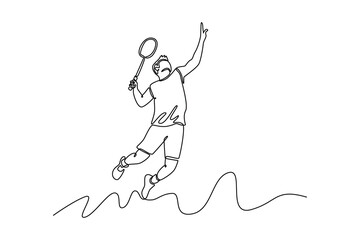 Single one line drawing professional badminton player strikes shuttlecock to get point in club competition. Player focused on precise technique. Continuous line draw design graphic vector illustration