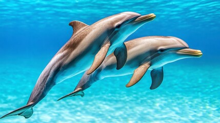 Obraz premium Graceful Dolphins Swimming Together in Clear Blue Ocean Water