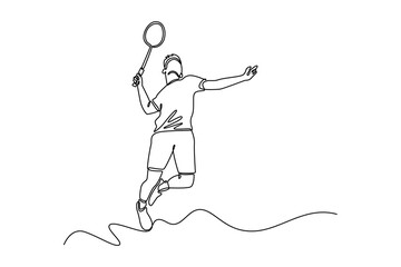 Single one line drawing badminton player in hitting position with racket feeling focused. Wearing sport shirt in stadium competing as male athlete. Continuous line design graphic vector illustration