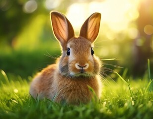 Cute Brown Rabbit in Spring Garden