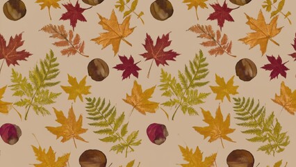 Fall-themed pattern with maple leaves and pine needles in shades of yellow, orange, red, brown and green.