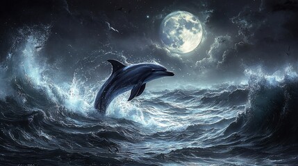 Fototapeta premium Jumping dolphin in stormy ocean under a full moon at night