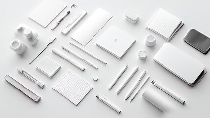 Clean White Office Stationery and Accessories on White Background