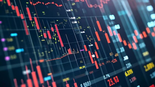 Fluctuating Stock Market Data Displayed on Screen with Red Downtrend Indicators