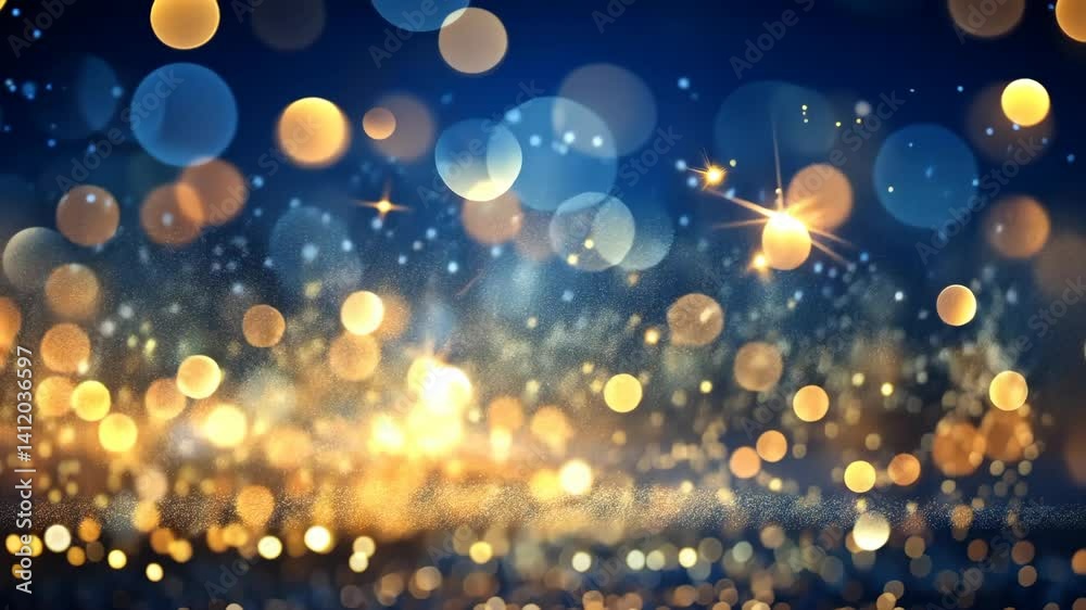 Poster golden glitter sparkles and shines with elegant bokeh lights in a beautiful dark blue background