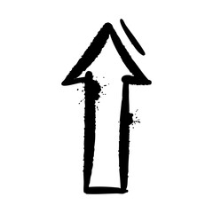 Grungy black arrow pointing upward with bold brushstroke texture and ink splatters. Isolated on white background. Rough, expressive, and dynamic symbol for highlighting or emphasis in layouts.