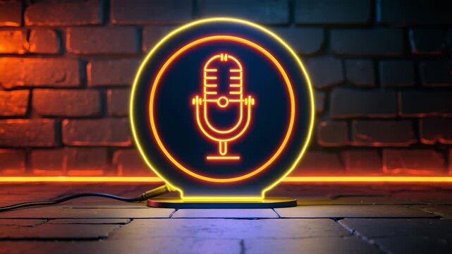 Microphone neon icon on a backdrop.