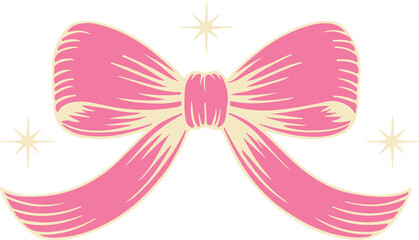 Retro pink bow with cream highlights and star sparkles. Ideal for festive designs, feminine branding, greeting cards, and cute vintage-style decorations.