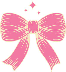 Cute pink bow with cream details and sparkles. Retro cartoon style, ideal for stickers, party decor, girly themes, holiday wrapping, and digital design accents.
