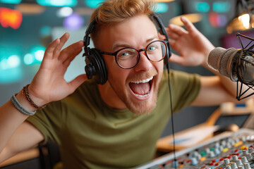 Smiling man at a podcast studio, capturing excitement while interacting with listeners.