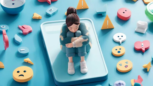 Young woman feeling sad while using smartphone surrounded by emojis