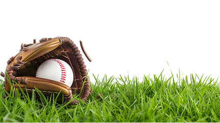 Professional baseball mitt and ball isolated on grass by field stripe for sports illustration