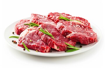 Freshly cut succulent steaks garnished with rosemary and spices on a white plate isolated on transparent background