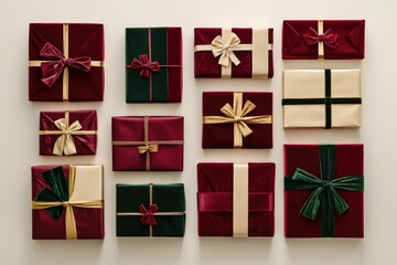 Fototapeta premium Twelve elegantly wrapped Christmas gifts in burgundy, green, and gold.