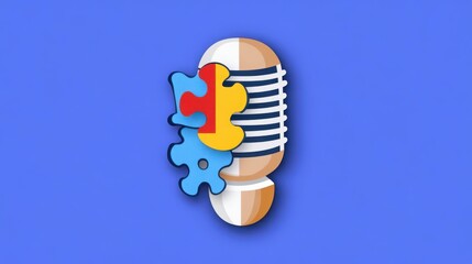 Fototapeta premium Colorful Microphone with Puzzle Pieces on Vibrant Blue Background