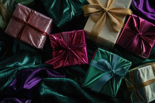Luxurious gift boxes in rich jewel tones, elegantly wrapped with shimmering ribbons, rest on velvet fabric. - Powered by Adobe