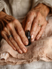 Fototapeta premium Elderly woman gently applies herbal oil with care and precision in her home