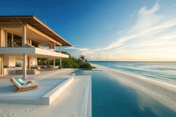 Obraz premium A secluded beachfront villa with a private cabana and panoramic ocean views. The white sand, infinity-edge pool, and minimalist interior embody tropical opulence. A traveler lounges with a cocktail as