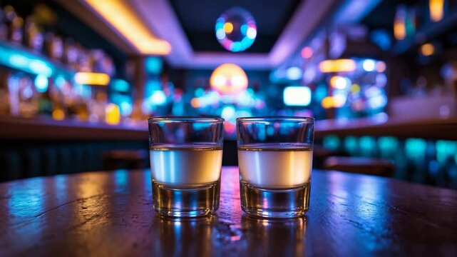 Shot glasses of Tequila placed on the table. Selective Focus