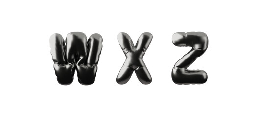 Vector 3d illustration of set of letters W, X, Z, inflated chrome form.
