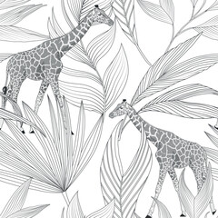 Exotic palm leaves plant with animals giraffe. Black and white seamless pattern. Line art tropical jungl background.