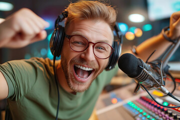 man, podcast, excitement, celebration, headphones, microphone, joy, engagement, cheerful, energetic, media, casual, technology, fun, creativity, relaxed, dynamic, friendly, atmosphere, youthful, inter
