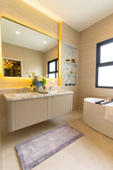 Bathroom interior, modern spacious white bathtub by the window.