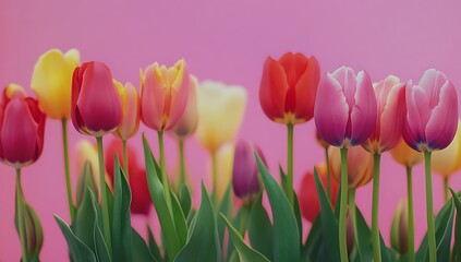 Colorful tulips on a pink background, top view. Happy Mother's Day concept. Greeting card with copy space for text