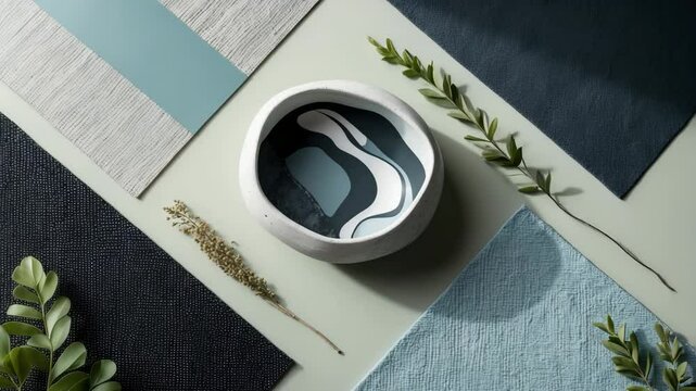 Stylish architect moodboard flat lay featuring textile, paint, panels, and tile samples. Color palette and template with copy space.