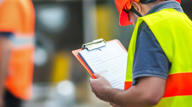 Construction safety officer inspecting worker compliance. Responsibility and safety